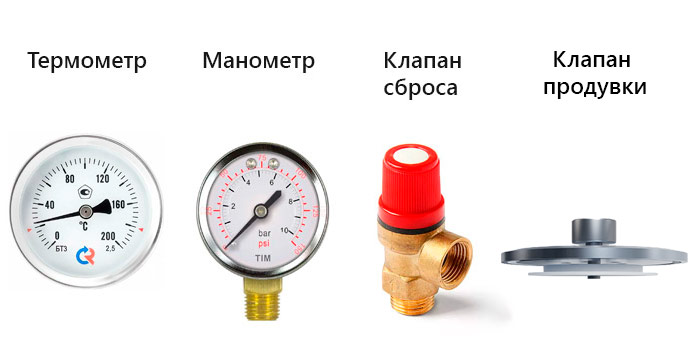 Термометр, манометр и клапаны
